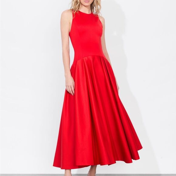 Alice + Olivia Adley Drop Waist Midi Dress Bright Ruby Red Women’s Size US 4 (S) - Picture 8 of 14